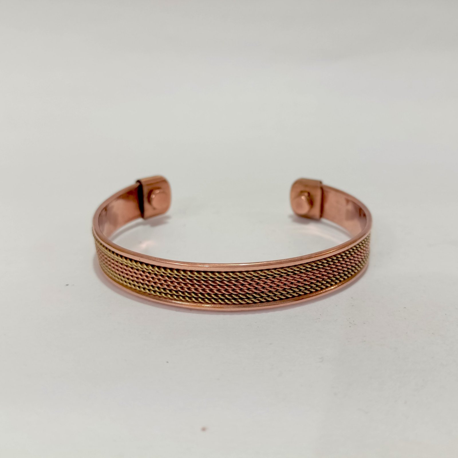 RB ARTISAN Copper Brass Magnetic Cuff Bracelet - Multi Row Twisted Wire Mesh RB ARTISAN handcrafted copper brass two tone magnetic cuff bracelet multi row twisted wire mesh dense texture embedded magnets made in India