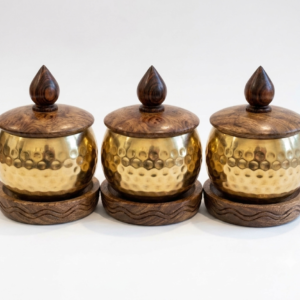RB ARTISAN handcrafted brass hammered spice jar set of 3 with wooden base lid and spoon filled with salt cardamom and turmeric made in India
