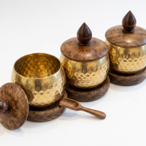 RB ARTISAN handcrafted brass hammered spice jar set of 3 with wooden base lid and spoon filled with salt cardamom and turmeric made in India