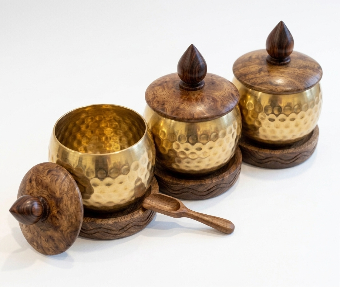 RB ARTISAN Brass Hammered Spice Jar Set of 3 – Wooden Base & Lid RB ARTISAN handcrafted brass hammered spice jar set of 3 with wooden base lid and spoon filled with salt cardamom and turmeric made in India
