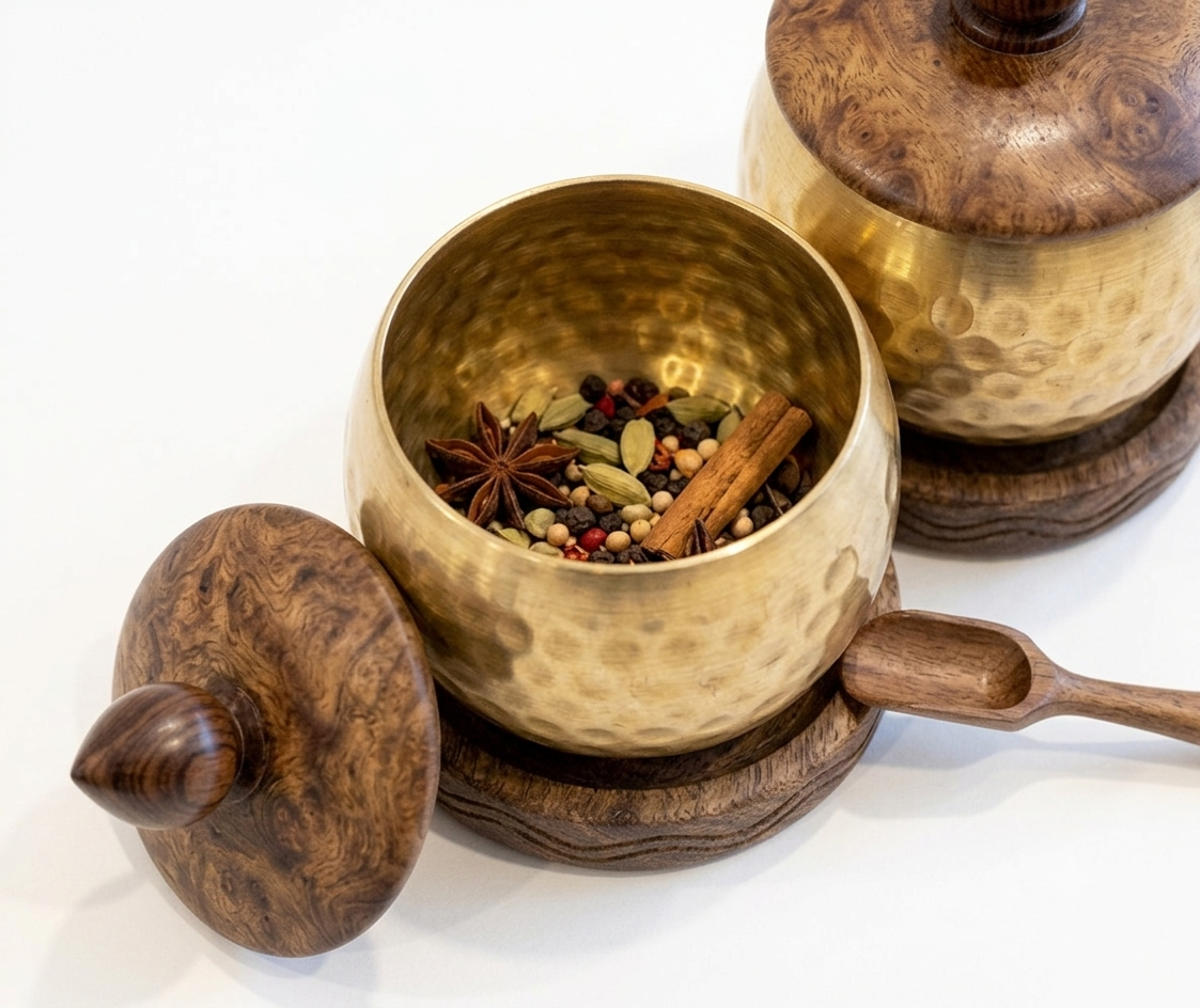 RB ARTISAN Brass Hammered Spice Jar Set of 3 – Wooden Base & Lid RB ARTISAN handcrafted brass hammered spice jar set of 3 with wooden base lid and spoon filled with salt cardamom and turmeric made in India