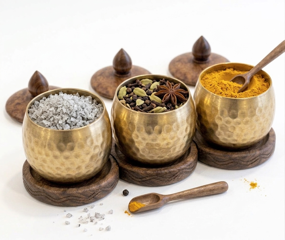 RB ARTISAN Brass Hammered Spice Jar Set of 3 – Wooden Base & Lid RB ARTISAN handcrafted brass hammered spice jar set of 3 with wooden base lid and spoon filled with salt cardamom and turmeric made in India