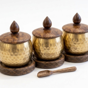 RB ARTISAN handcrafted brass hammered spice jar set of 3 with wooden base lid and spoon filled with salt cardamom and turmeric made in India