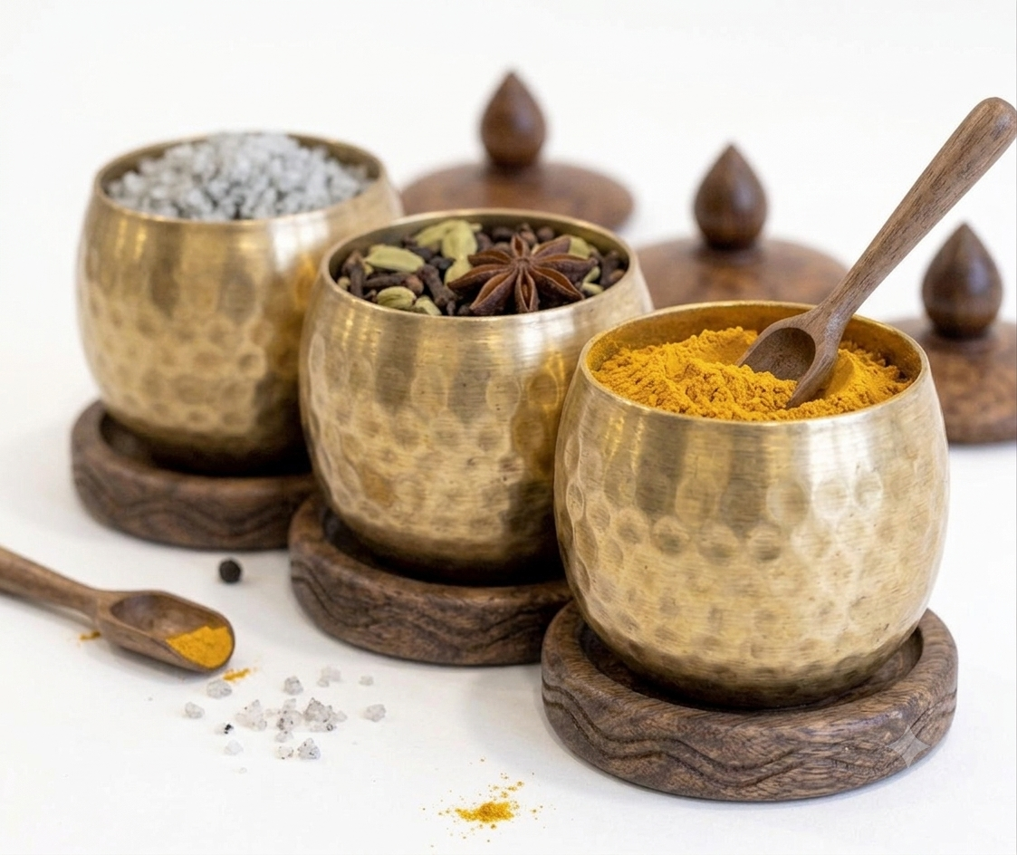 RB ARTISAN Brass Hammered Spice Jar Set of 3 – Wooden Base & Lid RB ARTISAN handcrafted brass hammered spice jar set of 3 with wooden base lid and spoon filled with salt cardamom and turmeric made in India