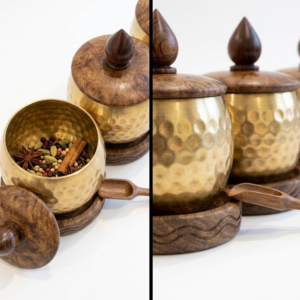 RB ARTISAN handcrafted brass hammered spice jar set of 3 with wooden base lid and spoon filled with salt cardamom and turmeric made in India