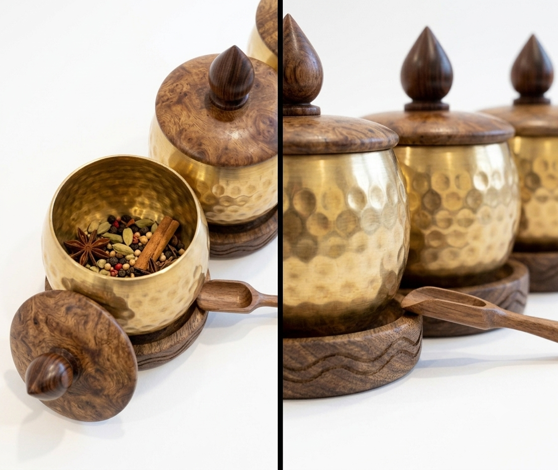 RB ARTISAN Brass Hammered Spice Jar Set of 3 – Wooden Base & Lid RB ARTISAN handcrafted brass hammered spice jar set of 3 with wooden base lid and spoon filled with salt cardamom and turmeric made in India