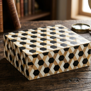 RB ARTISAN handcrafted wooden storage box black white 3d hexagon tumbling block optical illusion pattern jewellery keepsake box made in India