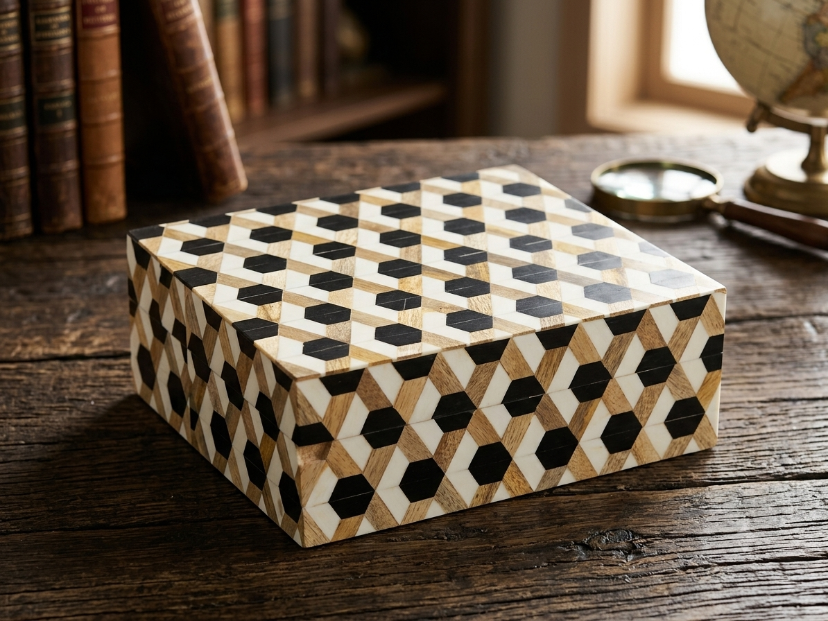 RB ARTISAN Wooden Storage Box – Black White 3D Hexagon Tumbling Block Pattern RB ARTISAN handcrafted wooden storage box black white 3d hexagon tumbling block optical illusion pattern jewellery keepsake box made in India