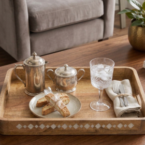 RB ARTISAN handcrafted mango wood serving tray white resin diamond inlay pattern with built in handles coffee table display made in India
