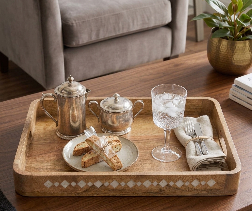 RB ARTISAN Wooden Serving Tray – White Resin Diamond Inlay RB ARTISAN handcrafted mango wood serving tray white resin diamond inlay pattern with built in handles coffee table display made in India