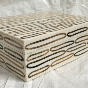 RB ARTISAN handcrafted white resin storage box oval loop pill shape inlay pattern jewellery keepsake box made in India