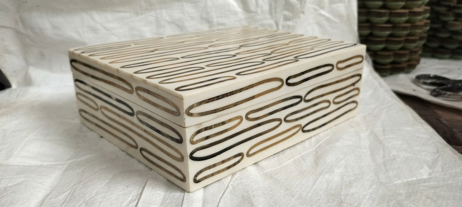 RB ARTISAN handcrafted white resin storage box oval loop pill shape inlay pattern jewellery keepsake box made in India