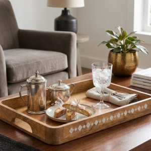 RB ARTISAN handcrafted mango wood serving tray white resin diamond inlay pattern with built in handles coffee table display made in India