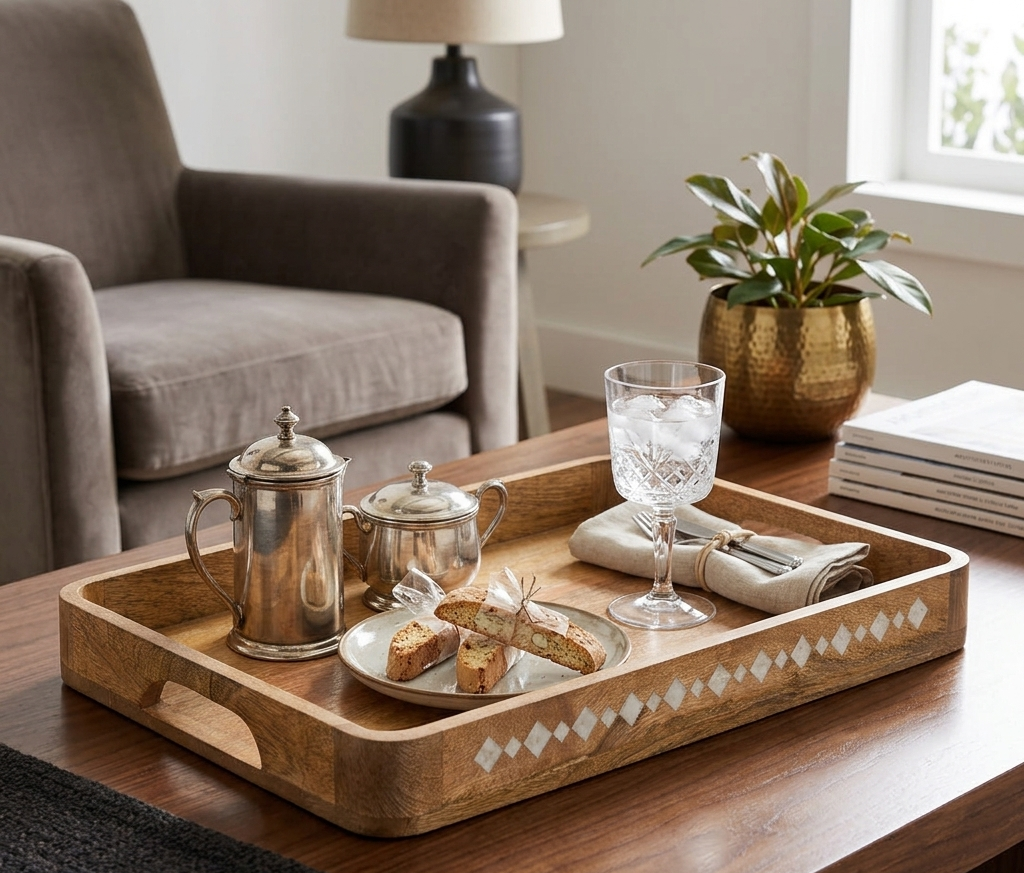 RB ARTISAN Wooden Serving Tray - White Resin Diamond Inlay RB ARTISAN handcrafted mango wood serving tray white resin diamond inlay pattern with built in handles coffee table display made in India
