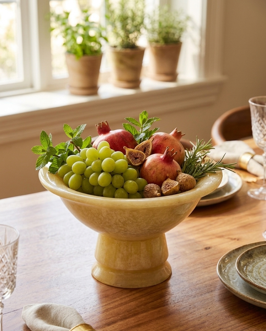 RB ARTISAN Yellow Cream Marble Resin Footed Fruit Bowl – Pedestal Serving Bowl RB ARTISAN handcrafted yellow cream marble resin footed fruit bowl pedestal serving bowl dining table decor made in India