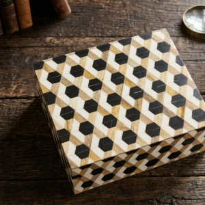 RB ARTISAN handcrafted wooden storage box black white 3d hexagon tumbling block optical illusion pattern jewellery keepsake box made in India