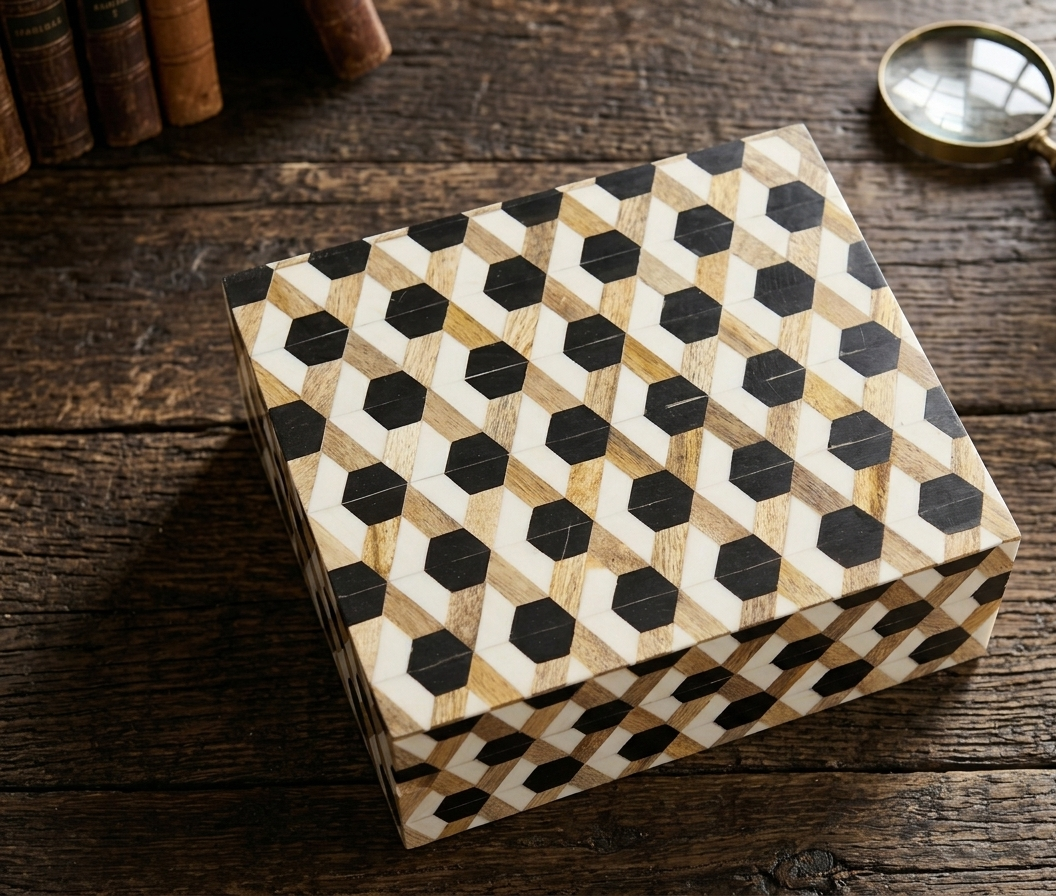 RB ARTISAN Wooden Storage Box – Black White 3D Hexagon Tumbling Block Pattern RB ARTISAN handcrafted wooden storage box black white 3d hexagon tumbling block optical illusion pattern jewellery keepsake box made in India