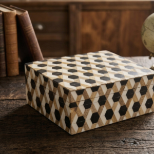 RB ARTISAN handcrafted wooden storage box black white 3d hexagon tumbling block optical illusion pattern jewellery keepsake box made in India