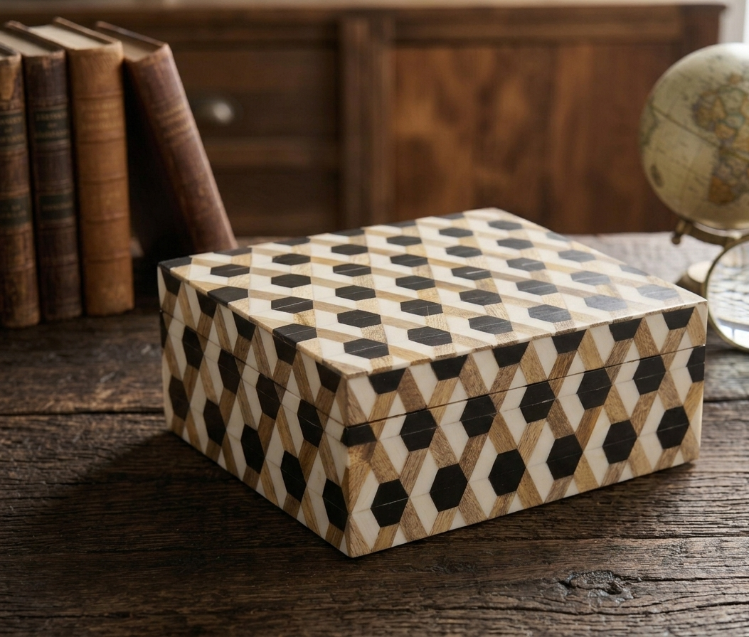 RB ARTISAN Wooden Storage Box – Black White 3D Hexagon Tumbling Block Pattern RB ARTISAN handcrafted wooden storage box black white 3d hexagon tumbling block optical illusion pattern jewellery keepsake box made in India