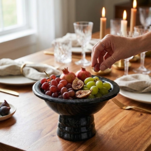 RB ARTISAN handcrafted black marble resin footed fruit bowl pedestal serving bowl dining table decor made in India