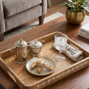 RB ARTISAN handcrafted mango wood serving tray white resin diamond inlay pattern with built in handles coffee table display made in India