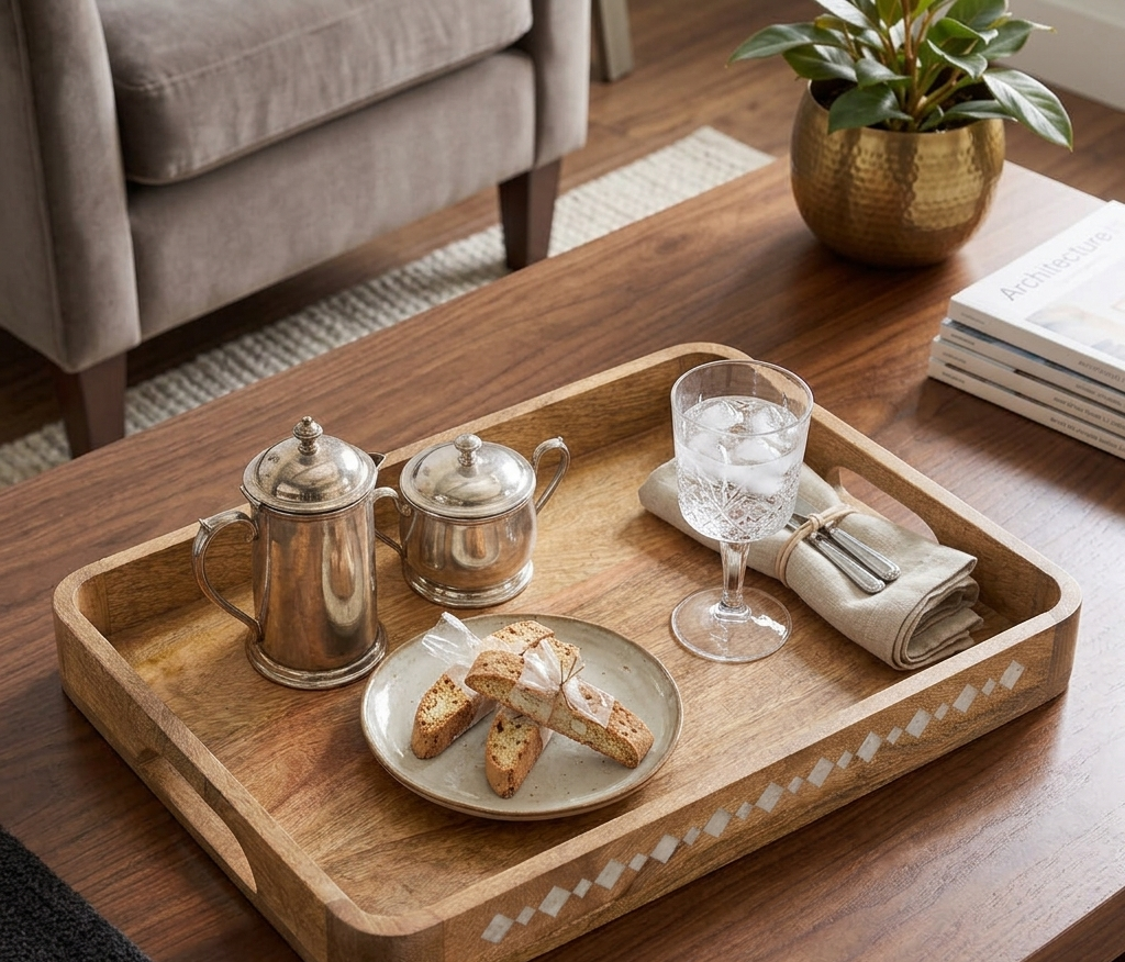RB ARTISAN Wooden Serving Tray – White Resin Diamond Inlay RB ARTISAN handcrafted mango wood serving tray white resin diamond inlay pattern with built in handles coffee table display made in India