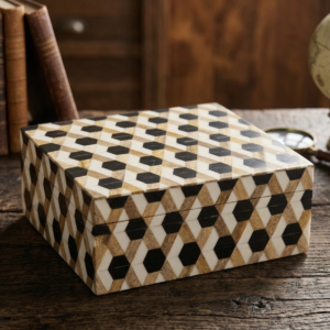 RB ARTISAN handcrafted wooden storage box black white 3d hexagon tumbling block optical illusion pattern jewellery keepsake box made in India