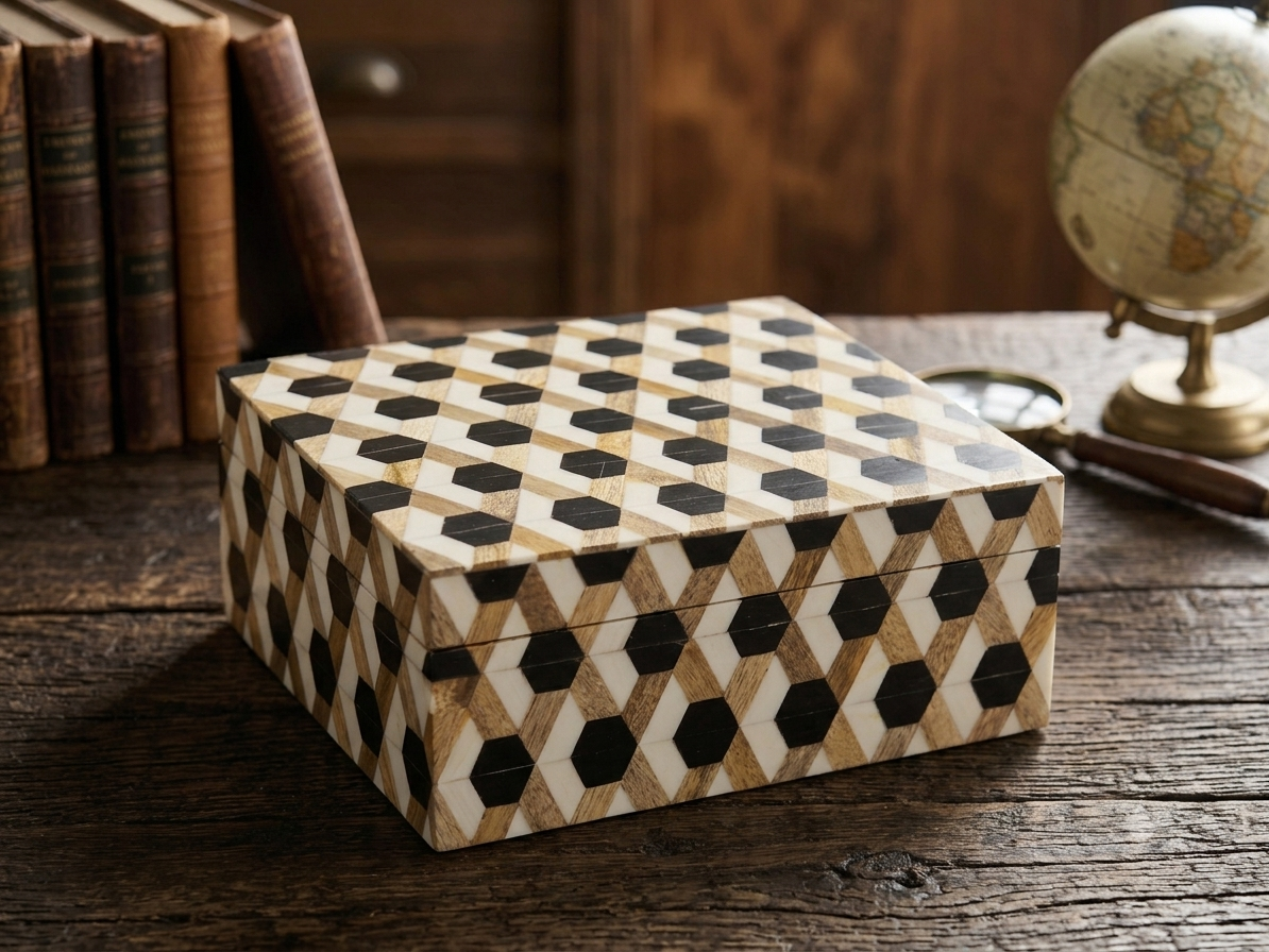 RB ARTISAN Wooden Storage Box - Black White 3D Hexagon Tumbling Block Pattern RB ARTISAN handcrafted wooden storage box black white 3d hexagon tumbling block optical illusion pattern jewellery keepsake box made in India