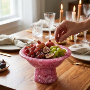RB ARTISAN handcrafted pink marble resin footed fruit bowl pedestal serving bowl dining table decor made in India