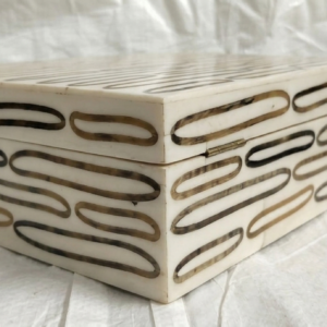 RB ARTISAN handcrafted white resin storage box oval loop pill shape inlay pattern jewellery keepsake box made in India