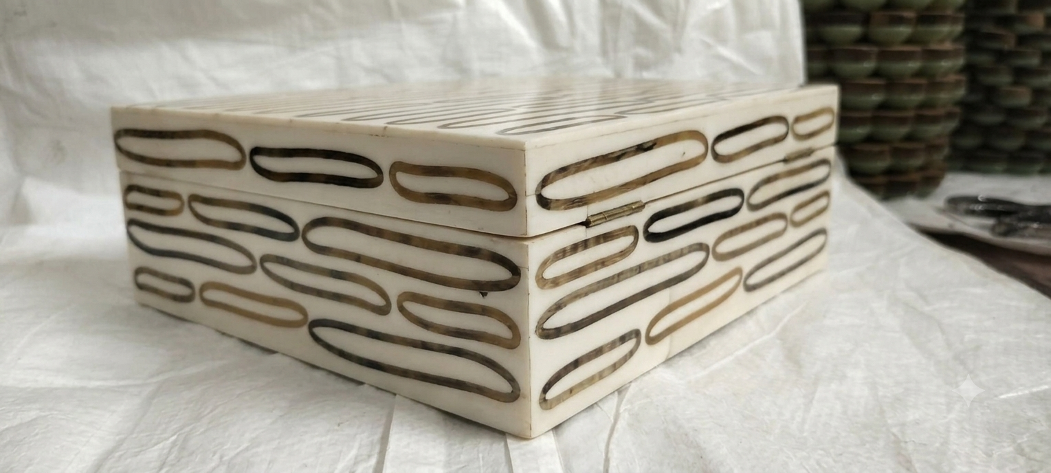 RB ARTISAN White Resin Storage Box – Oval Loop Inlay Pattern RB ARTISAN handcrafted white resin storage box oval loop pill shape inlay pattern jewellery keepsake box made in India