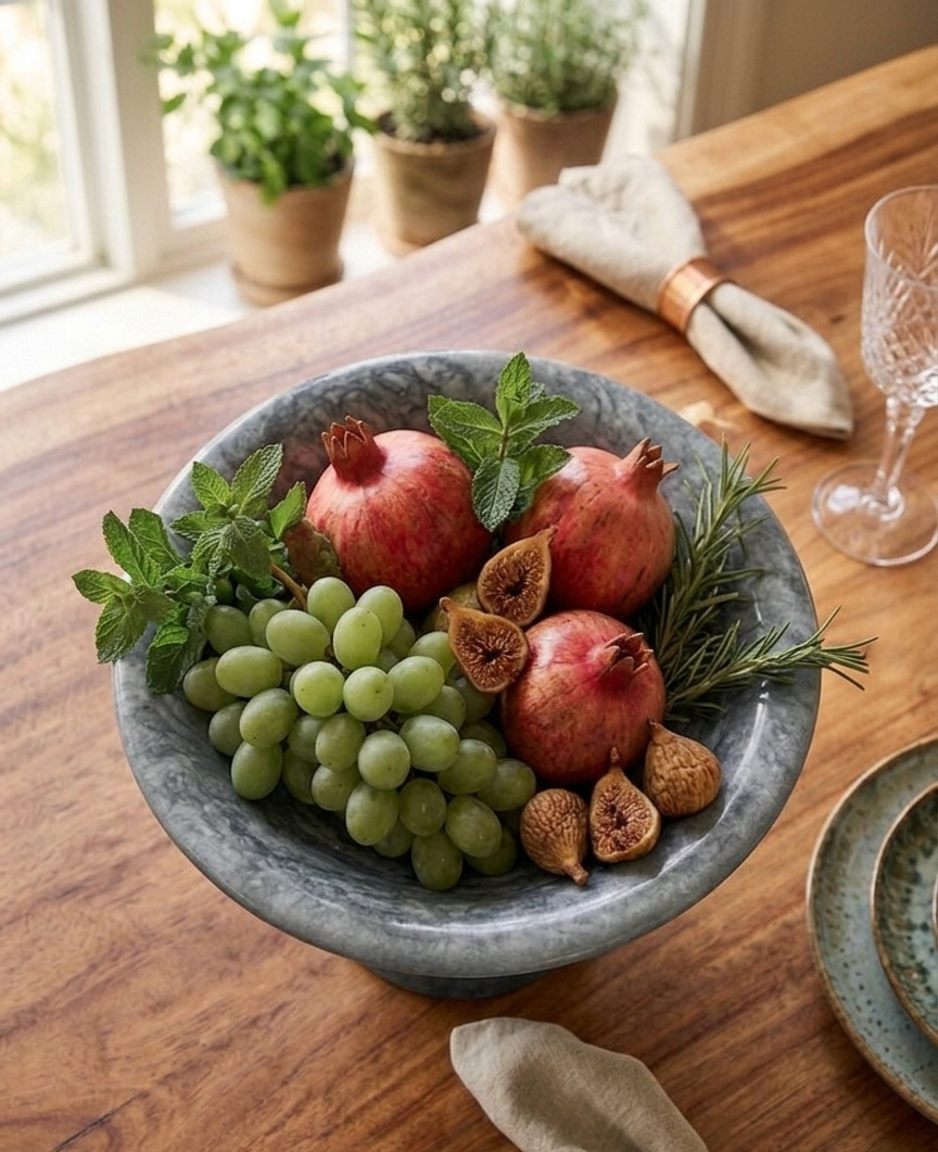 RB ARTISAN Grey Marble Resin Footed Fruit Bowl – Pedestal Serving Bowl RB ARTISAN handcrafted grey slate marble resin footed fruit bowl pedestal serving bowl dining table decor made in India