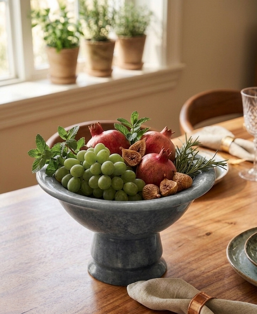 RB ARTISAN Grey Marble Resin Footed Fruit Bowl – Pedestal Serving Bowl RB ARTISAN handcrafted grey slate marble resin footed fruit bowl pedestal serving bowl dining table decor made in India