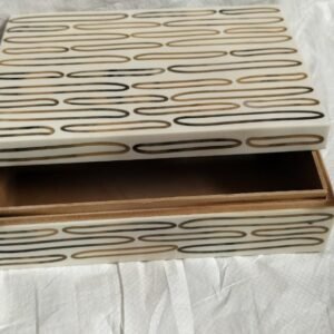 RB ARTISAN handcrafted white resin storage box oval loop pill shape inlay pattern jewellery keepsake box made in India