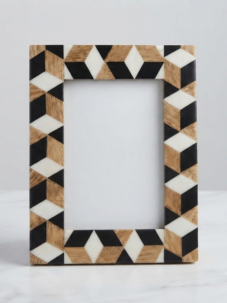 RB ARTISAN Wooden Photo Frame - Black White 3D Tumbling Block Pattern RB ARTISAN handcrafted wooden photo frame black white 3d tumbling block isometric cube optical illusion pattern picture frame made in India