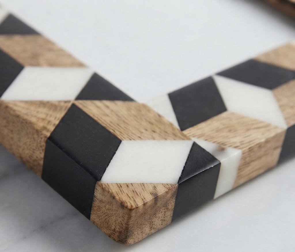 RB ARTISAN Wooden Photo Frame – Black White 3D Tumbling Block Pattern RB ARTISAN handcrafted wooden photo frame black white 3d tumbling block isometric cube optical illusion pattern picture frame made in India