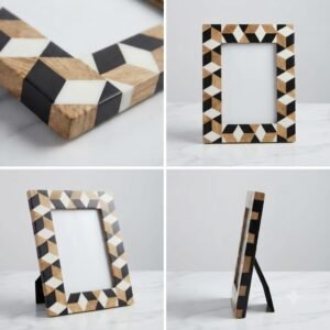 RB ARTISAN handcrafted wooden photo frame black white 3d tumbling block isometric cube optical illusion pattern picture frame made in India