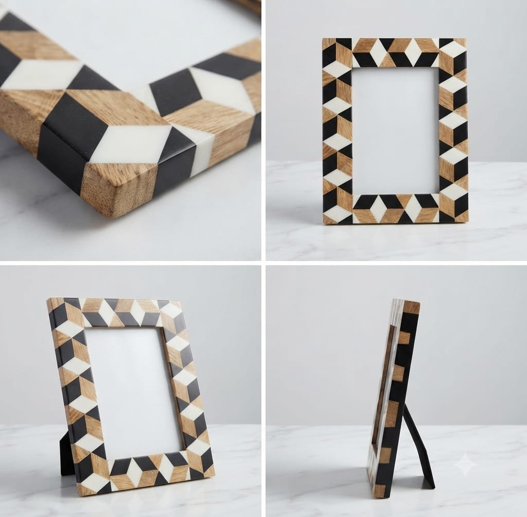 RB ARTISAN Wooden Photo Frame – Black White 3D Tumbling Block Pattern RB ARTISAN handcrafted wooden photo frame black white 3d tumbling block isometric cube optical illusion pattern picture frame made in India