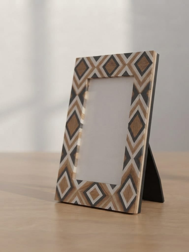 RB ARTISAN Wooden Photo Frame – Black White Nested Diamond Geometric Pattern RB ARTISAN handcrafted mango wood photo frame black white nested diamond chevron geometric resin inlay pattern picture frame made in India