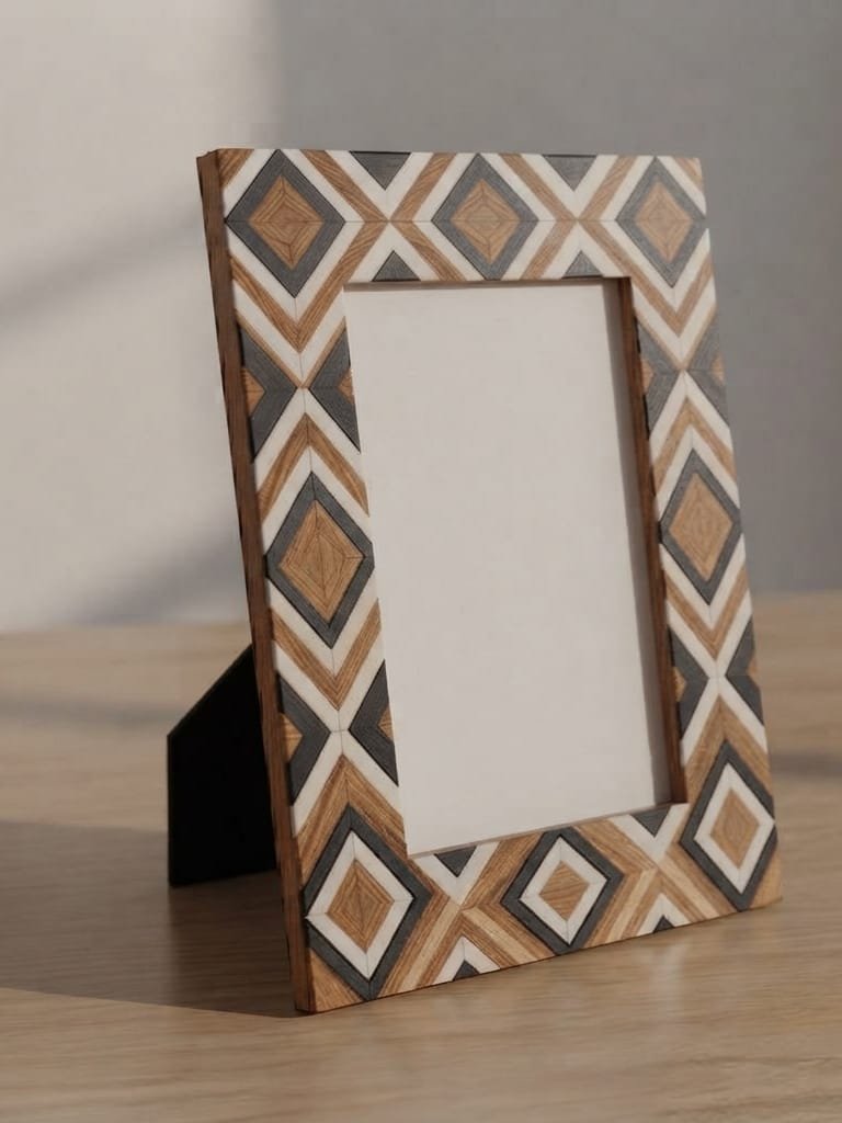 RB ARTISAN Wooden Photo Frame – Black White Nested Diamond Geometric Pattern RB ARTISAN handcrafted mango wood photo frame black white nested diamond chevron geometric resin inlay pattern picture frame made in India