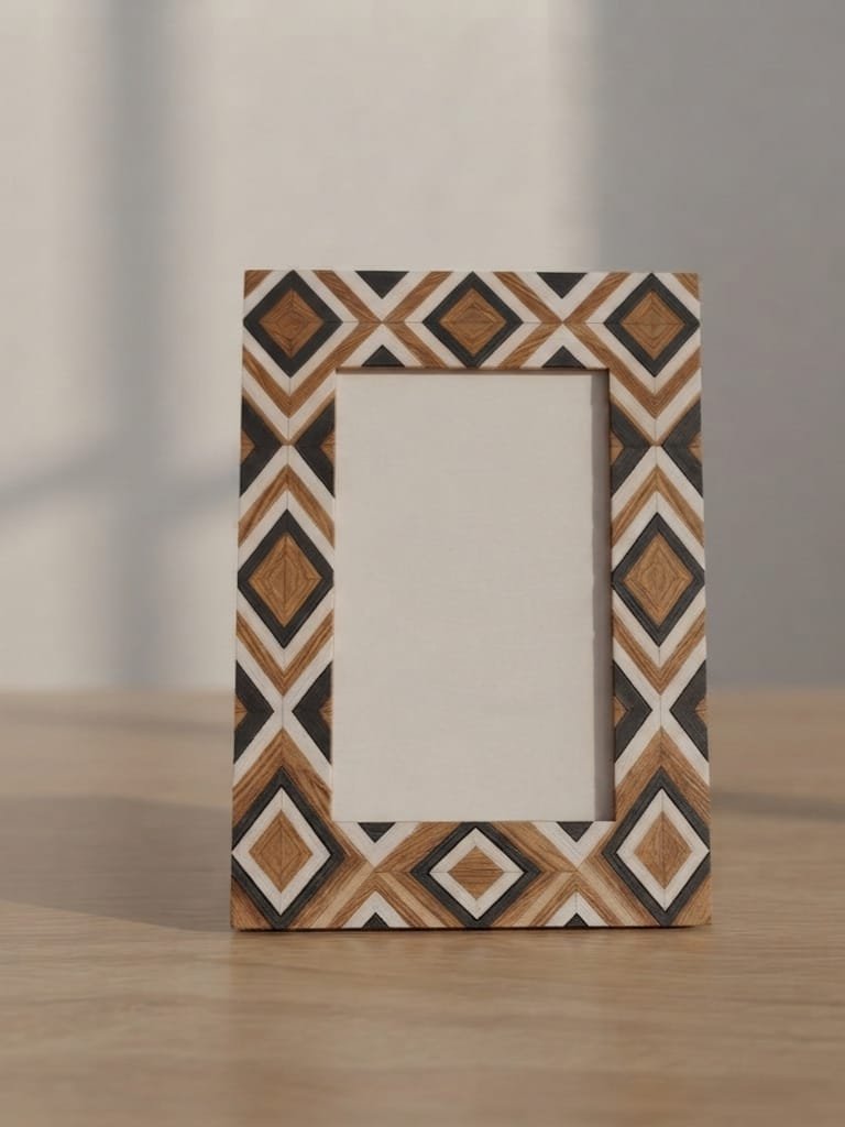 RB ARTISAN Wooden Photo Frame - Black White Nested Diamond Geometric Pattern RB ARTISAN handcrafted mango wood photo frame black white nested diamond chevron geometric resin inlay pattern picture frame made in India