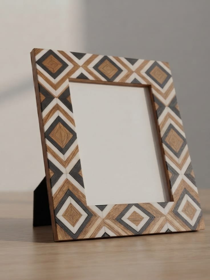RB ARTISAN Wooden Photo Frame – Black White Nested Diamond Geometric Pattern RB ARTISAN handcrafted mango wood photo frame black white nested diamond chevron geometric resin inlay pattern picture frame made in India