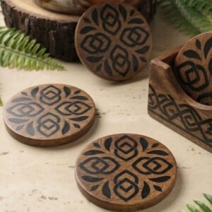 RB ARTISAN handcrafted wooden round coaster set with holder black resin mandala geometric pattern mango wood dining table decor made in India