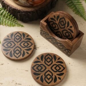 RB ARTISAN handcrafted wooden round coaster set with holder black resin mandala geometric pattern mango wood dining table decor made in India