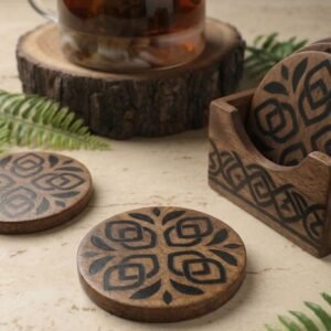 RB ARTISAN handcrafted wooden round coaster set with holder black resin mandala geometric pattern mango wood dining table decor made in India
