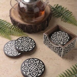 RB ARTISAN handcrafted black resin round coaster set with wooden holder white celtic knot mandala pattern dining table decor made in India