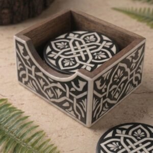 RB ARTISAN handcrafted black resin round coaster set with wooden holder white celtic knot mandala pattern dining table decor made in India