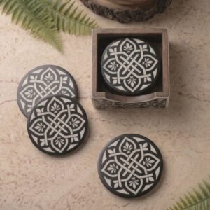 RB ARTISAN handcrafted black resin round coaster set with wooden holder white celtic knot mandala pattern dining table decor made in India