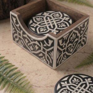 RB ARTISAN handcrafted black resin round coaster set with wooden holder white celtic knot mandala pattern dining table decor made in India