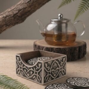RB ARTISAN handcrafted black resin round coaster set with wooden holder white celtic knot mandala pattern dining table decor made in India